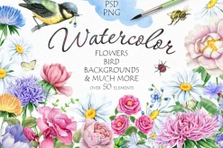 30% OFF! Watercolor Flowers and Bird