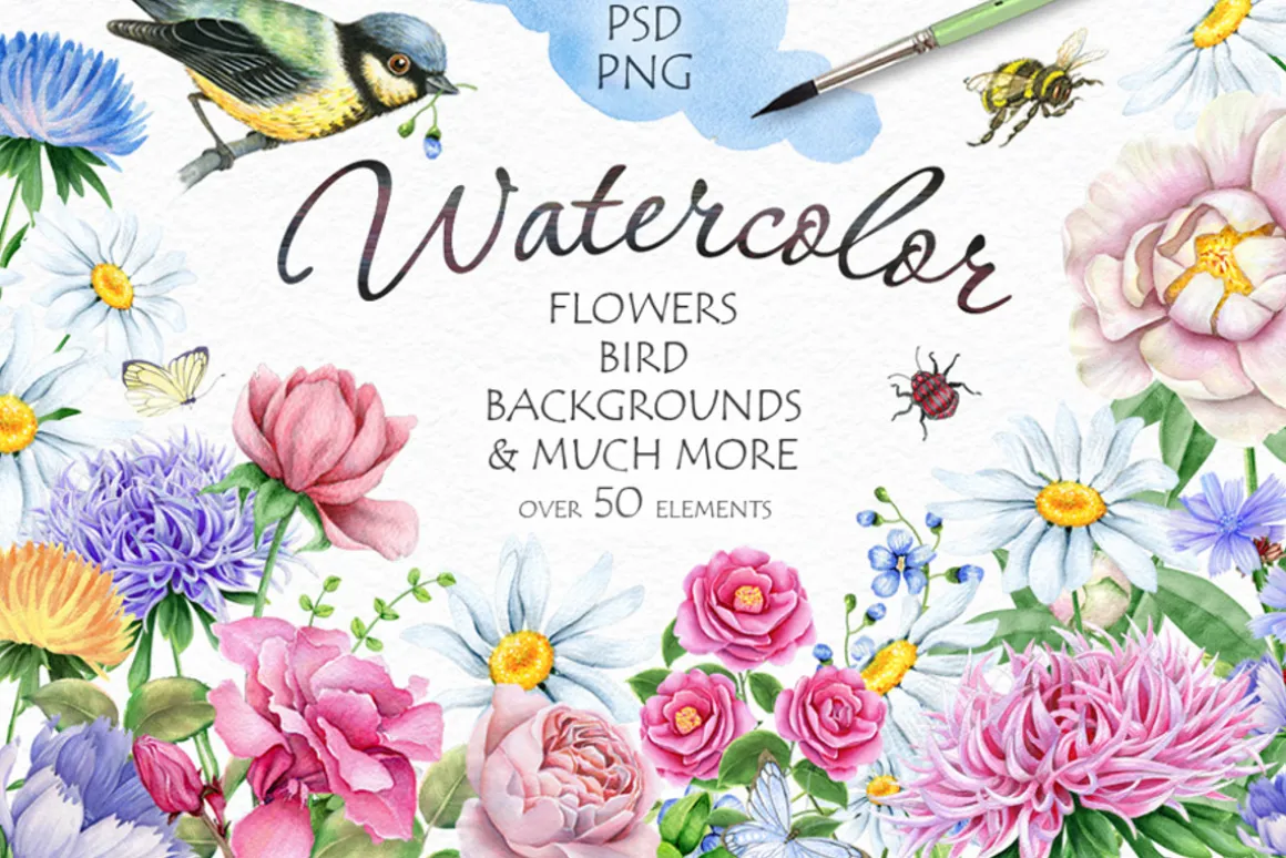 30% OFF! Watercolor Flowers and Bird