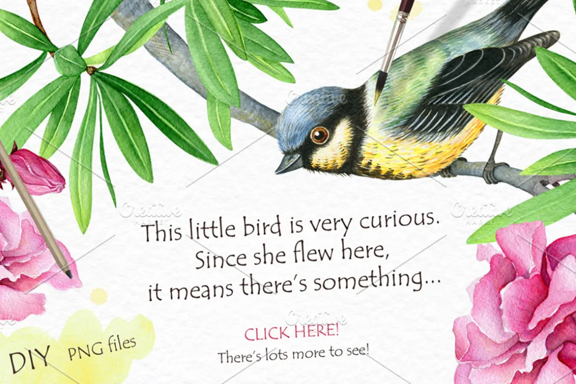 30% OFF! Watercolor Flowers and Bird
