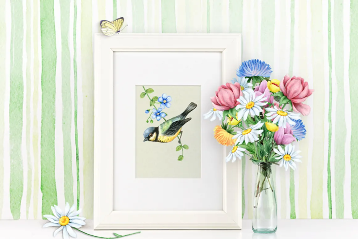 30% OFF! Watercolor Flowers and Bird