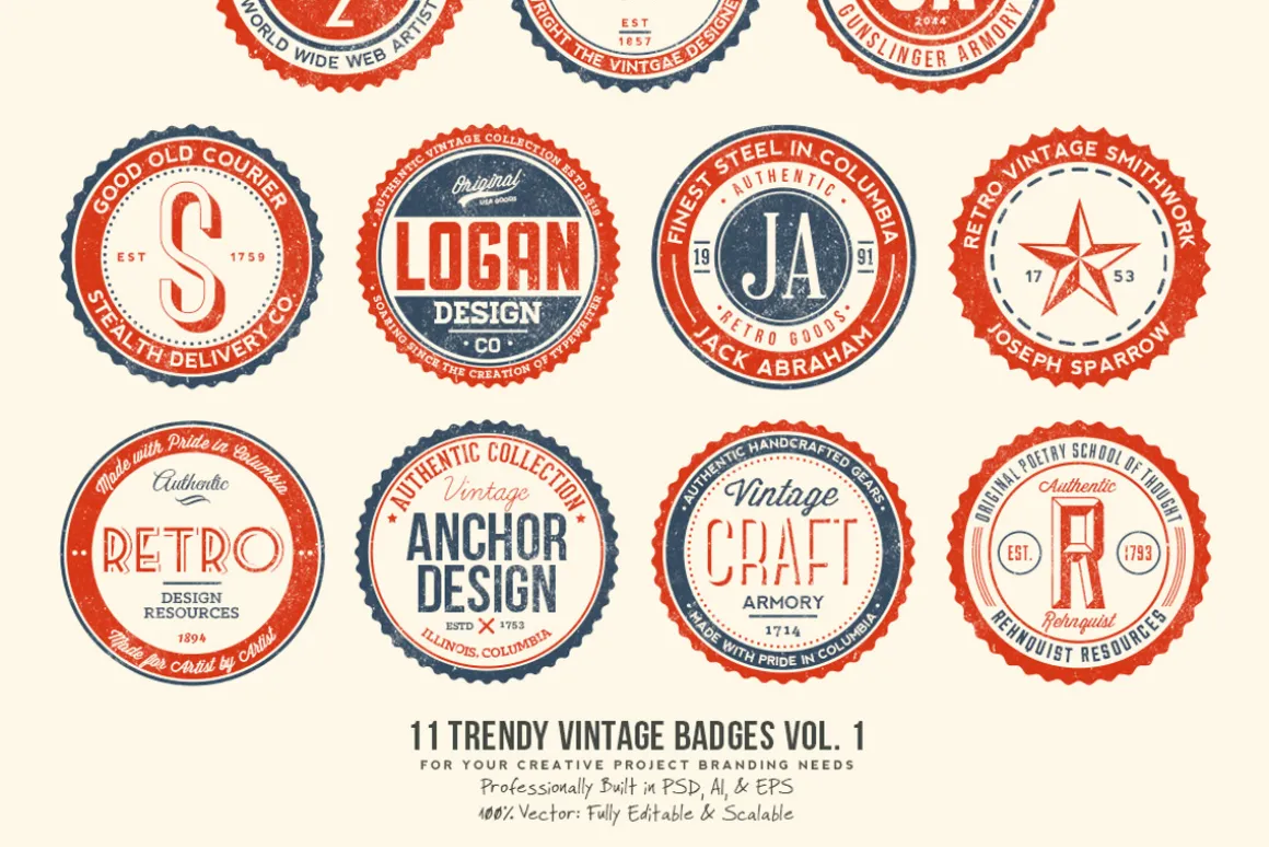 11 Trendy Vintage Badges Volume 1