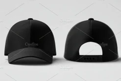 A black baseball cap mockup shown from the front and back, featuring a smoo...