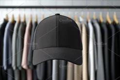 A black cap mockup in front of a clothing rack with various shirts and jackets