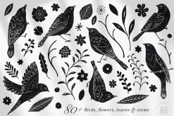 Birds & Blooms Vector Linocut Set