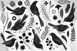Birds & Blooms Vector Linocut Set