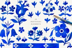Blue Delft Watercolor Floral Clipart