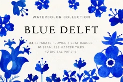 Blue Delft Watercolor Floral Clipart
