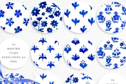 Blue Delft Watercolor Floral Clipart