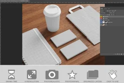 Branding Stationery Wooden Table PSD