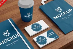 Branding Stationery Wooden Table PSD