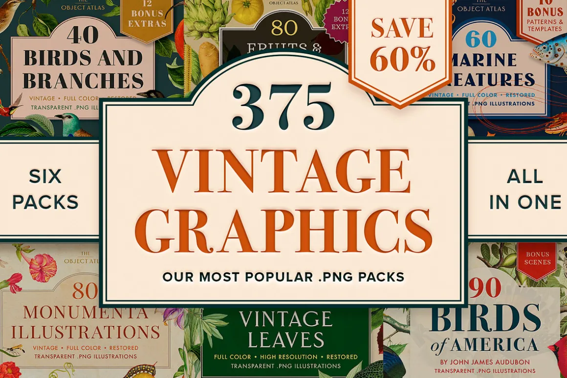 BUNDLE: 375 Vintage Clipart 6-in-1