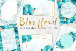 Card template watercolor blue fowers