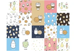 Cartoon milk, cookies, vegetables