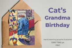 Cat's Grandma Birthday - gouache art