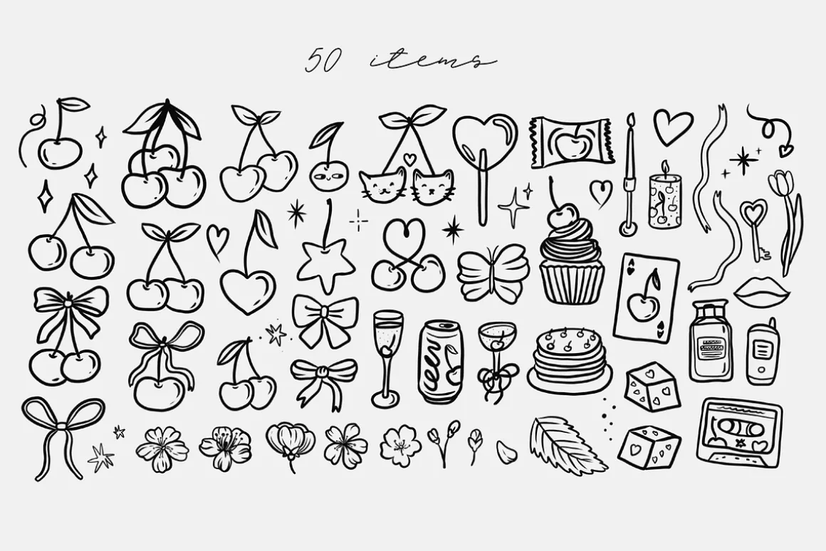 Cherry Vibe Cute Outline Clipart Set