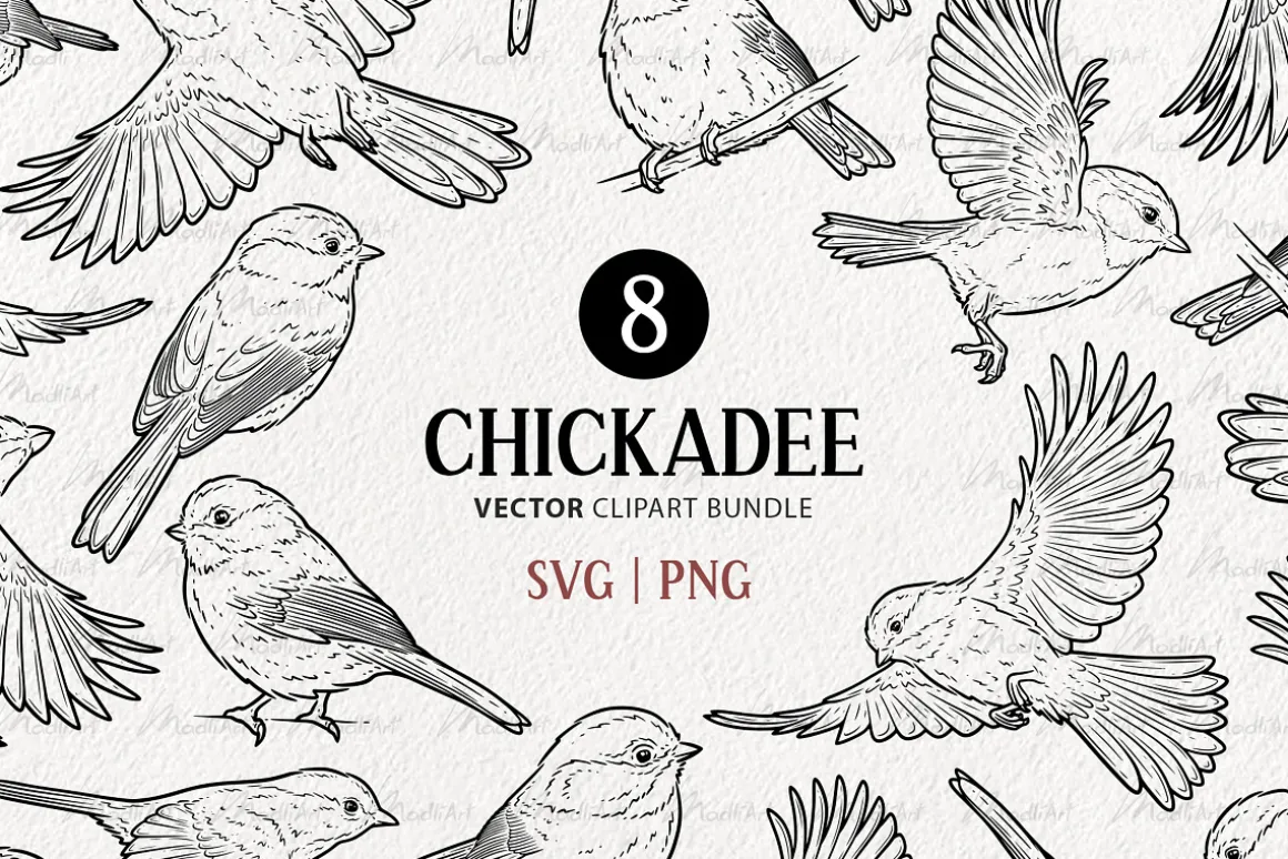 Chickadee Bird Vector Line Art Set
