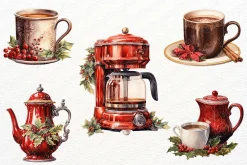 Christmas Coffee Watercolor Clipart