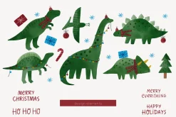 Christmas watercolor dinosaurs