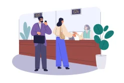 Clients use finance services in bank