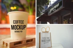 Coffee Cup, Signage, and Bag Mockups