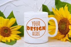 Coffee mug mockup with sunflowers