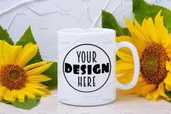 Coffee mug mockup with sunflowers