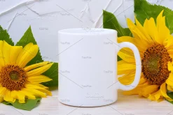 Coffee mug mockup with sunflowers
