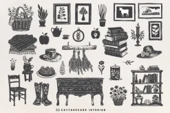 160 Cottagecore Linocut Collection
