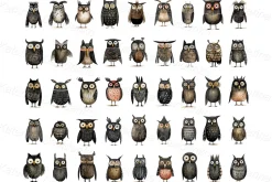 Cute cartoon owls PNG watercolor