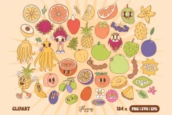 Groovy Retro Fruit Characters bundle