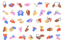 Hands holding different objects set