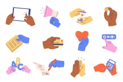 Hands holding different objects set