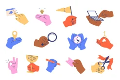 Hands holding different objects set