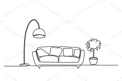 Interior sofa, floor lamp and plant.