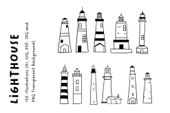 50+ Lighthouse Hand-Drawn Set