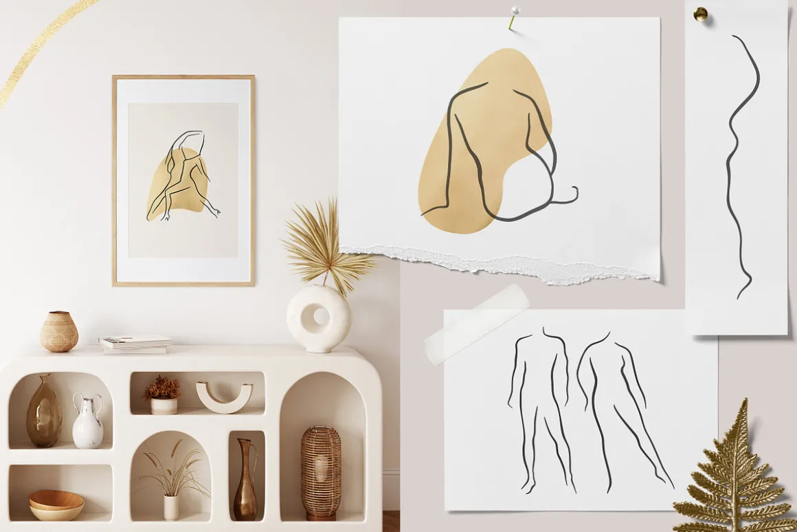 Line art people and abstract shapes