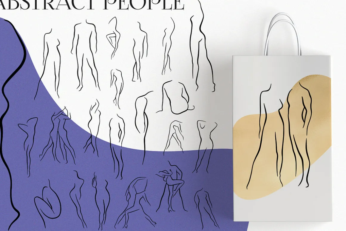 Line art people and abstract shapes