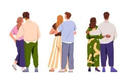 Love couples hugging, back view set