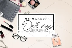 Luxury brand makeup desk post mockup stock photo containing chanel and stock