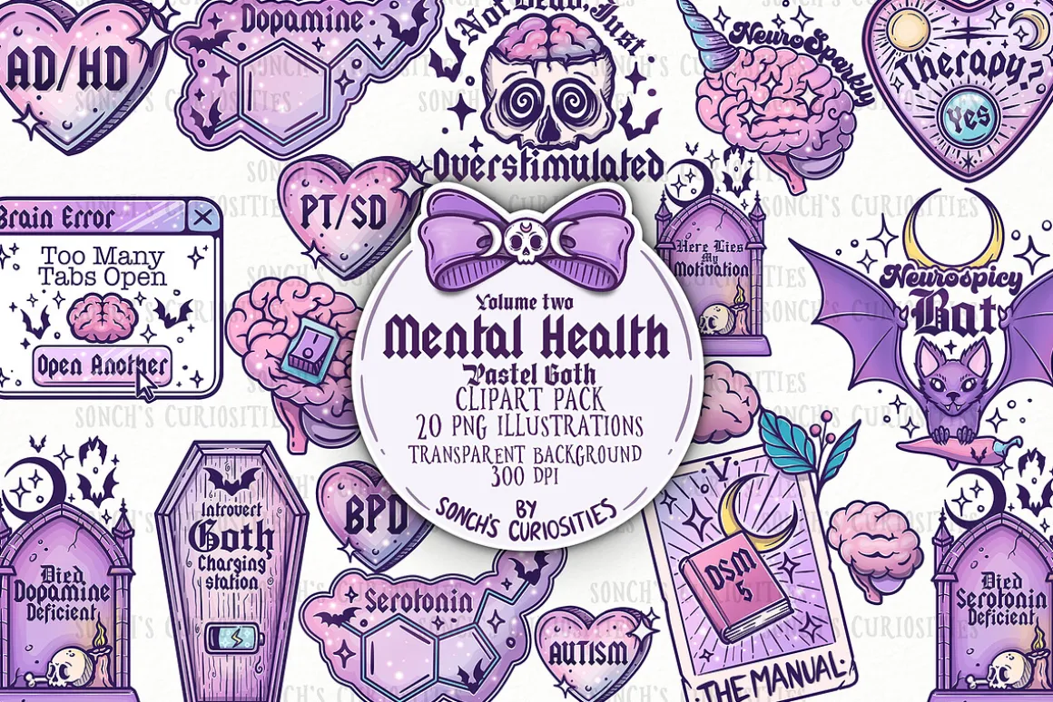 Mental Health Goth Clipart PNG pack
