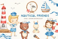 NAUTICAL FRIENDS. Watercolor