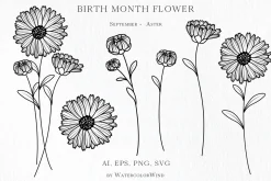 Outline Birth Month Flowers Bundle