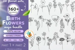 Outline Birth Month Flowers Bundle