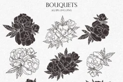 Peonies Line Art SVG, AI, EPS, PNG