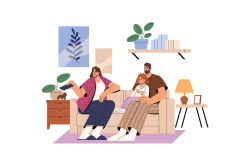 People relaxing on couch at home set