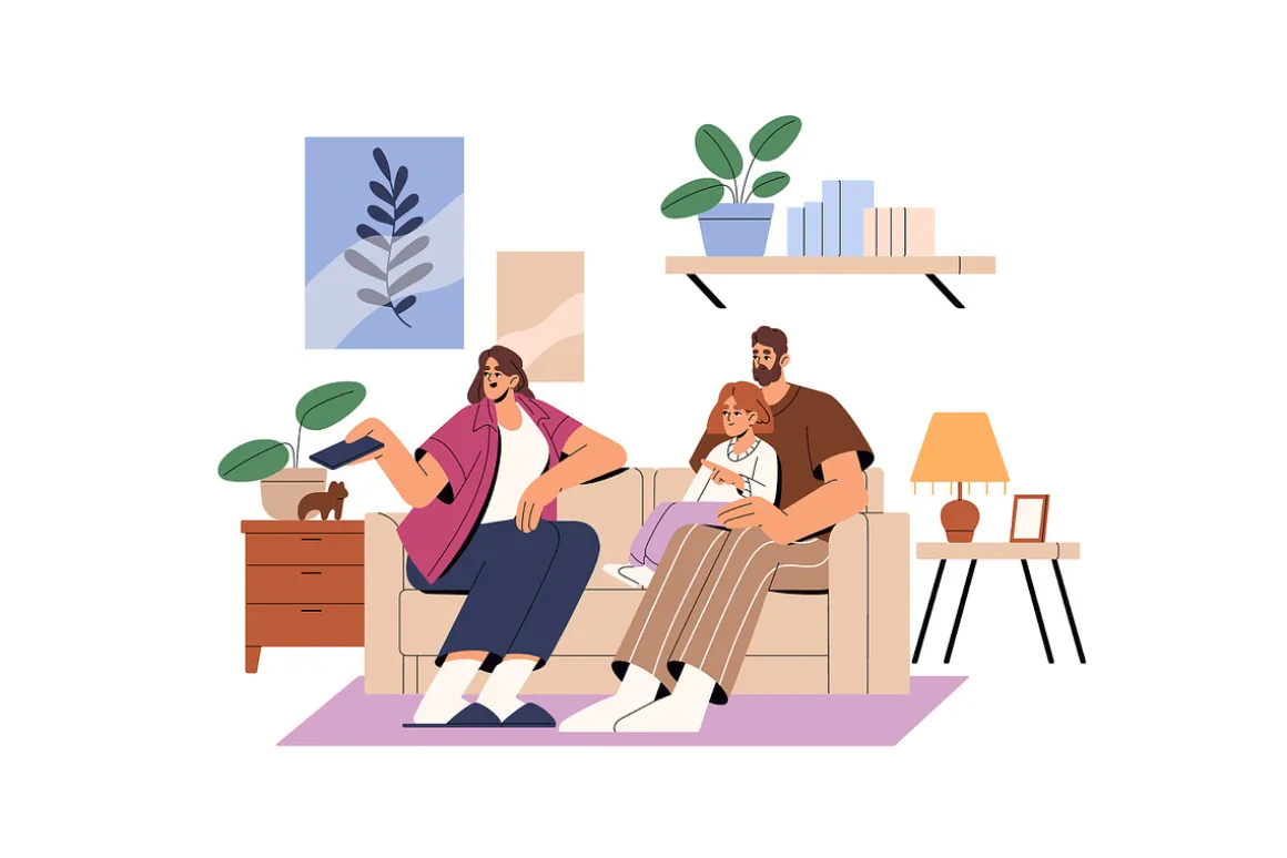 People relaxing on couch at home set