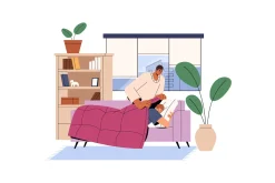 People relaxing on couch at home set