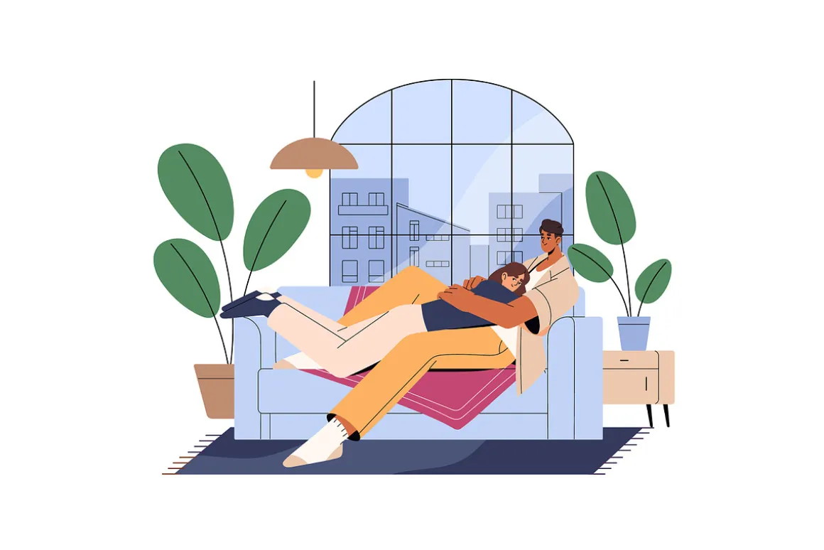 People relaxing on couch at home set