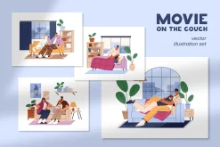 People relaxing on couch at home set