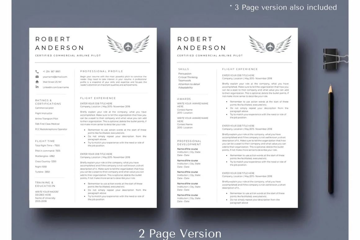 Pilot resume & cover letter template